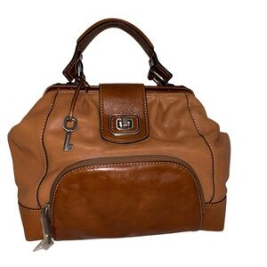 Fossil Paloma Frame Doctor Satchel Brown Leather Bag Turnlock Key Charm
